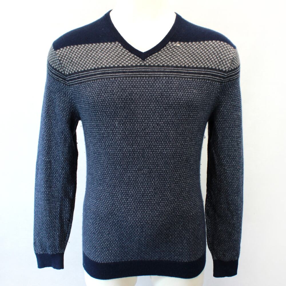 Hart Schaffner Marx 100% Cashmere Navy Herringbone Print Sweater Medium